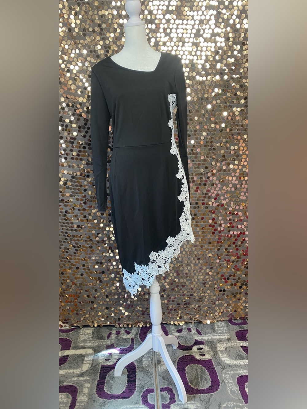 Black Asymmetrical Long-Sleeve Dress with White Lace Trim #1555